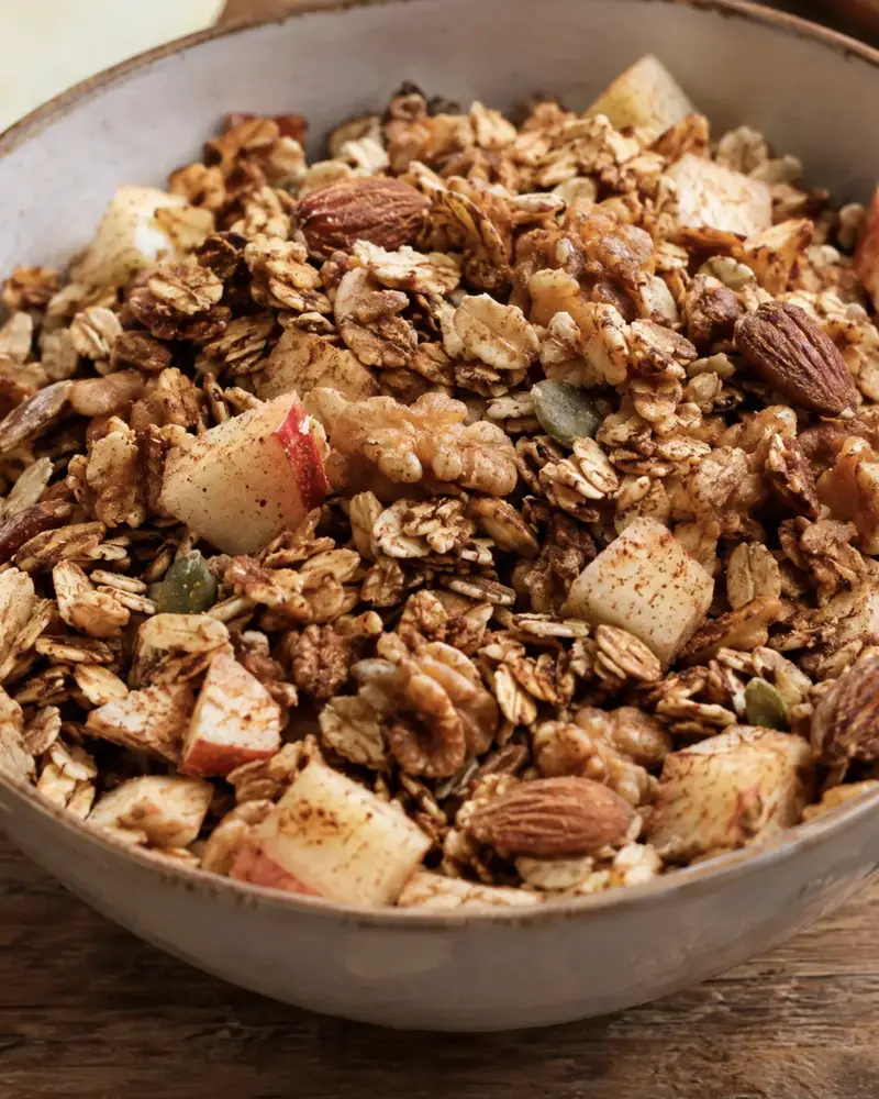 Granola z jabłkiem i cynamonem bez cukru, chrupiąca z piekarnika