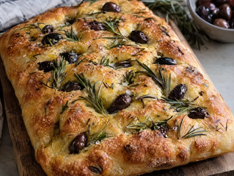 Focaccia z rozmarynem i oliwkami, bez wyrabiania