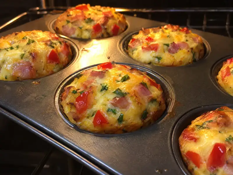 Muffinki jajeczne z szynką i papryką z piekarnika