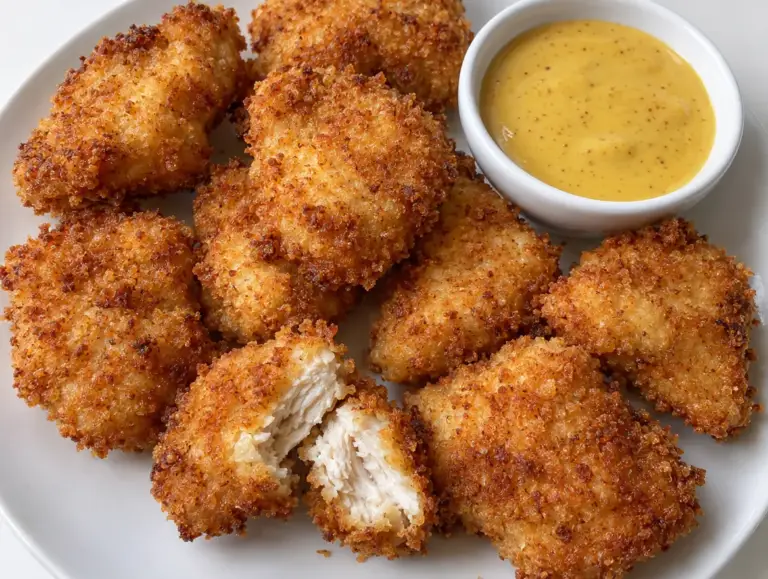 Domowe nuggetsy z kurczaka w panierce panko z sosem miodowo musztardowym na talerzu
