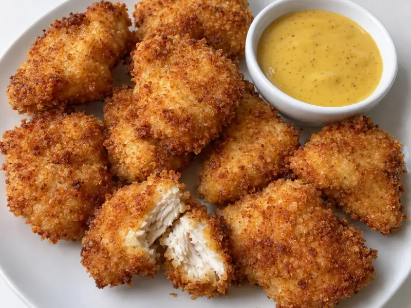 Domowe nuggetsy z kurczaka w panierce panko z sosem miodowo musztardowym na talerzu