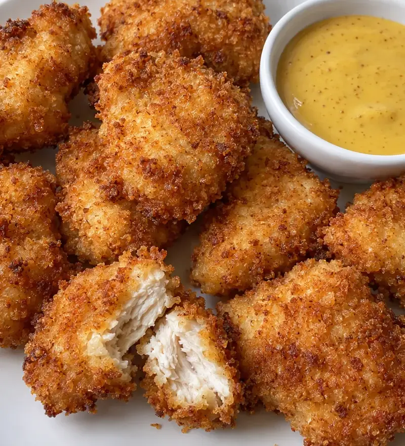 Domowe nuggetsy z kurczaka w panierce panko z sosem miodowo musztardowym na talerzu