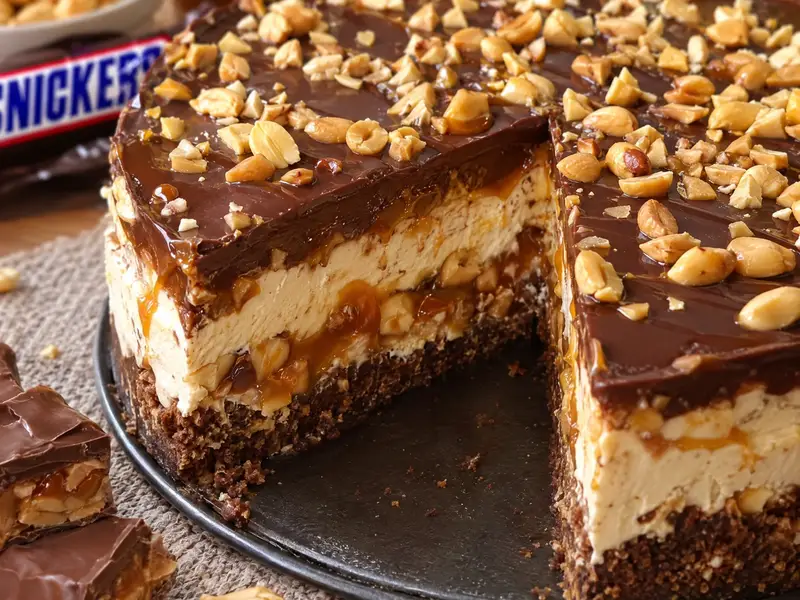 Ciasto snickers bez pieczenia z orzeszkami i karmelem