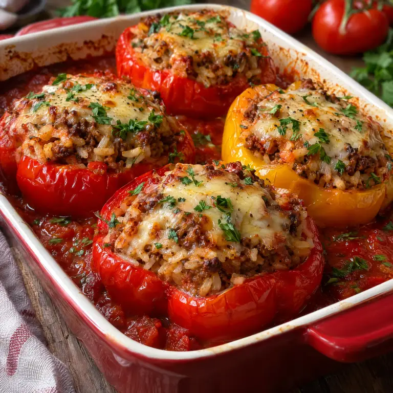Papryka faszerowana mięsem i ryżem, zapiekana w sosie pomidorowym