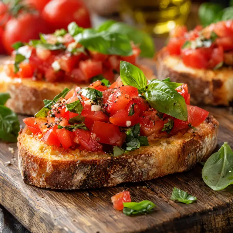 Bruschetta z pomidorami i bazylią, chrupiąca, a nie rozmokła