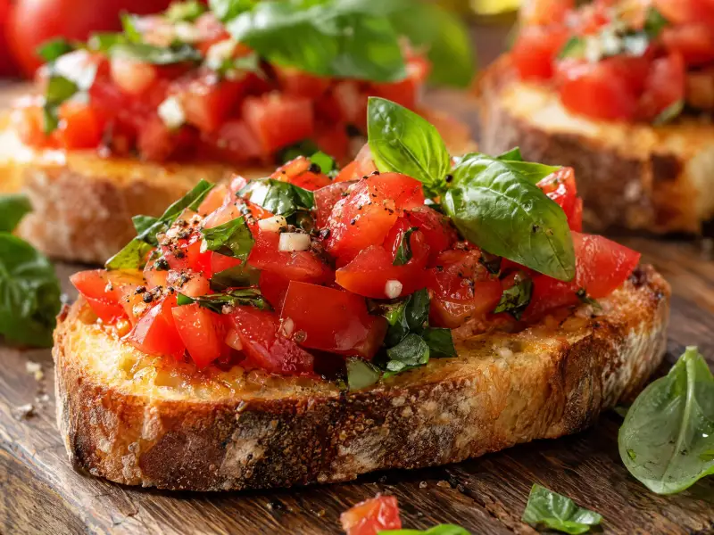 Bruschetta z pomidorami i bazylią, chrupiąca, a nie rozmokła