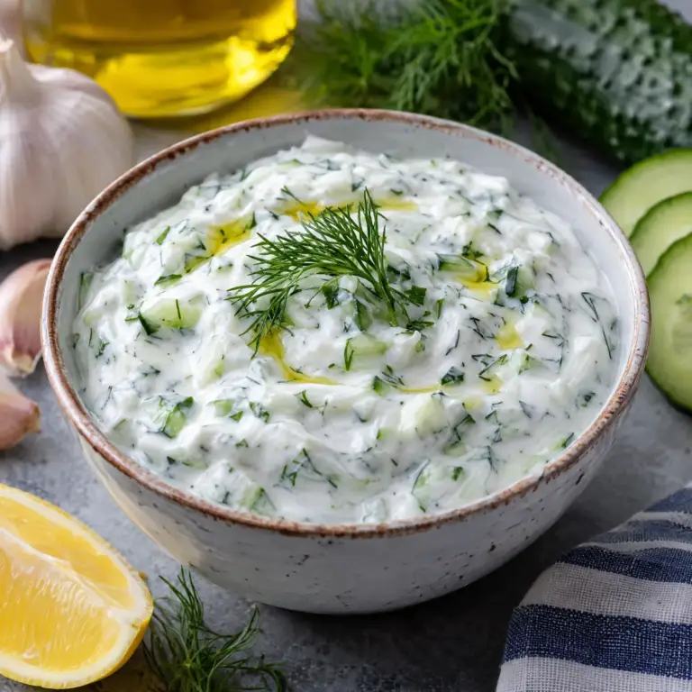 Tzatziki, gęsty grecki sos jogurtowy z ogórkiem i czosnkiem