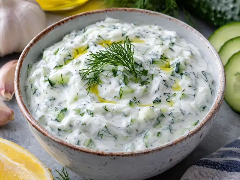 Tzatziki, gęsty grecki sos jogurtowy z ogórkiem i czosnkiem
